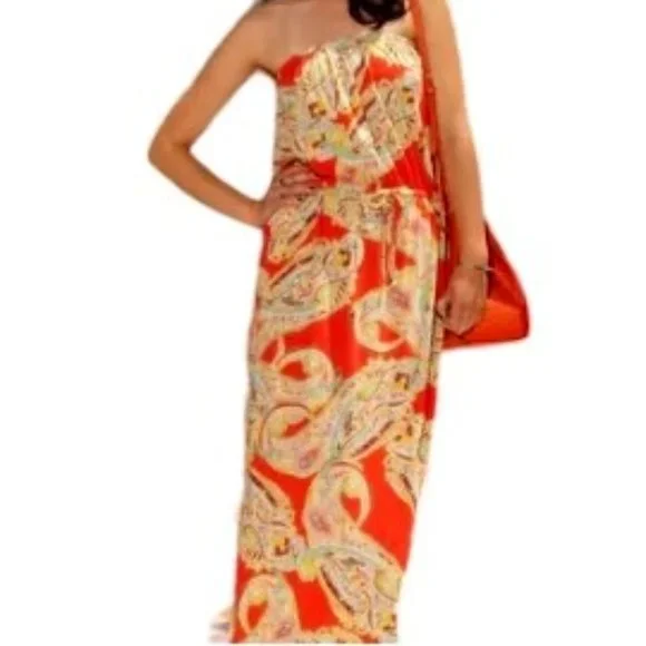 Banana Republic | Dresses | Banana Republic Dress Maxi Strapless Coral  Green Gold Stretch | Poshmark